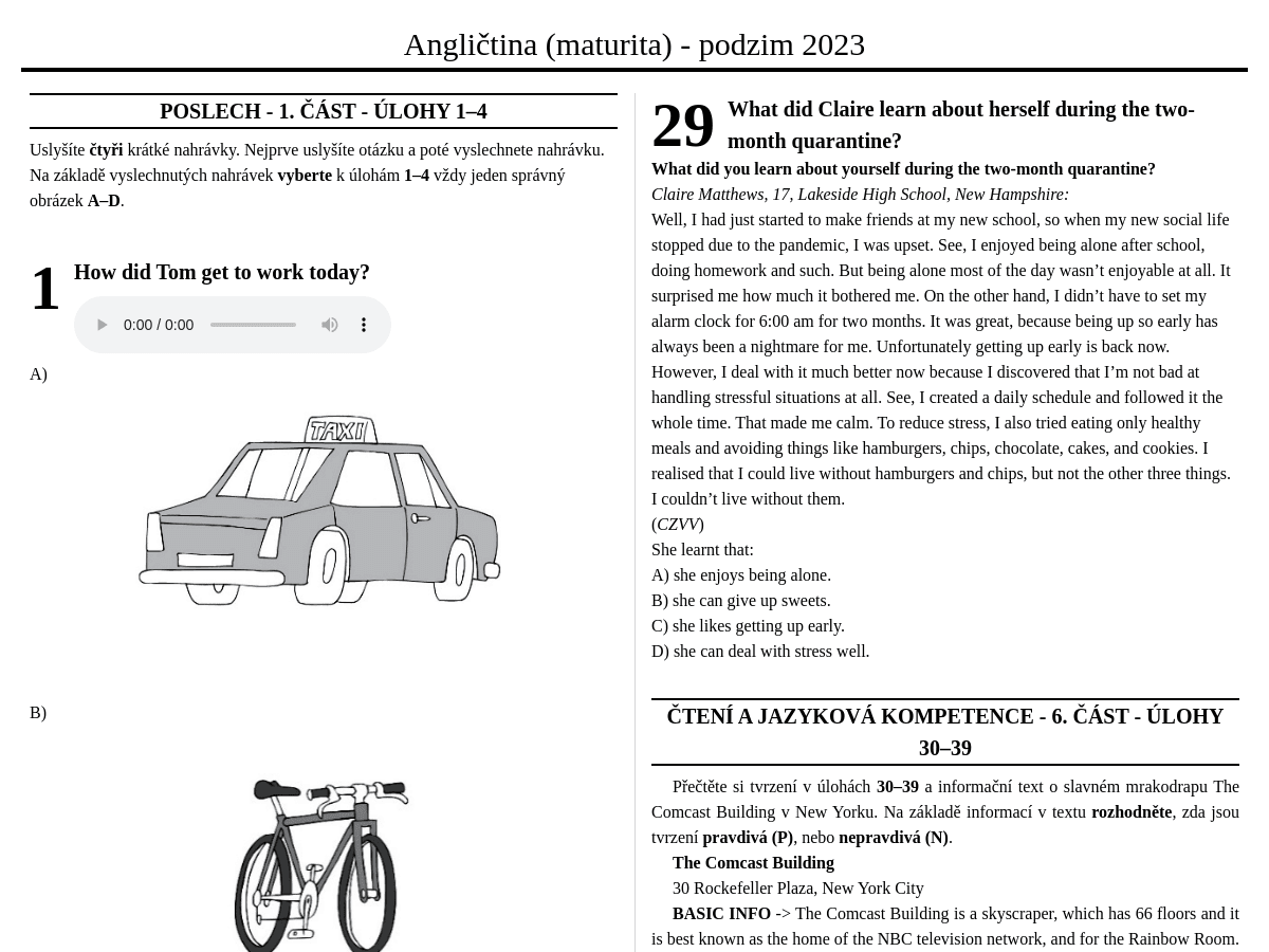 Angličtina (maturita) - podzim 2023