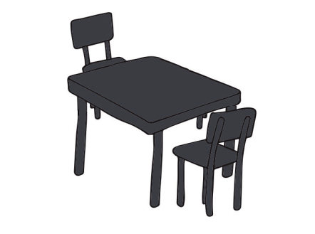 a dark table with 2 chairs